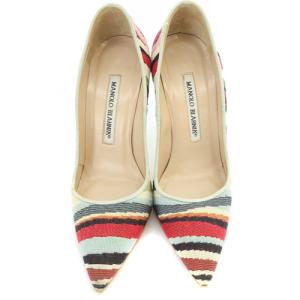 MANOLO BLAHNIK ボーダー パンプス ピンヒール ポインテッドトゥ 34.5 21.5cm 赤 レッド 水色 ブルー