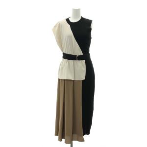 レイヤードタイトニットワンピース ロング ノースリーブ 36 黒 オフホワイト モカ