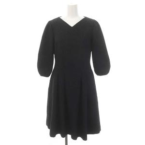 花柄 刺繍 Vネック ワンピース ロング 七分袖 パフスリーブ 38 黒 ブラック