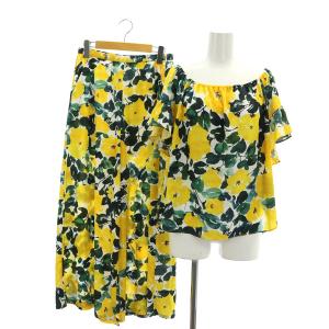セットアップ上下 ボタニカルドレープトップ ブラウス 半袖 ボタニカルフラワーパンツ ワイド イージー 36 黄 イエロー