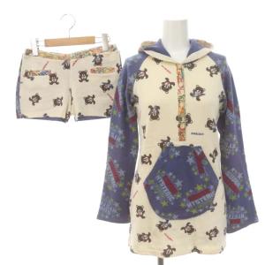 ヒスベア ニット セットアップ ルームウェア 上下 パーカー プルオーバー 長袖 ショートパンツ 総柄 アンゴラ混 F 紺