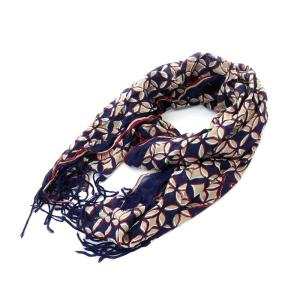 ストール 総柄 シルク混 総柄 フリンジ 紺 ネイビー 401910