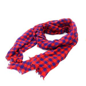 ストール チェック柄 フリンジ 赤 レッド 青 ブルー 40190