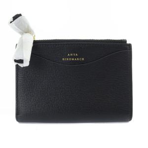 ANYA HINDMARCH スモール ダブルジップ ウォレット 二つ折り財布 ロゴ レザー ブラック