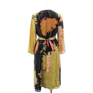 ISSA LONDON 総柄 シルクワンピース ロング 長袖 Vネック リボン US4 マルチカラー