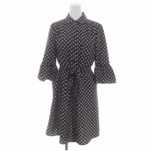 総柄フリル袖ワンピース ひざ丈 フロントボタン 七分袖 XS 黒 ブラック