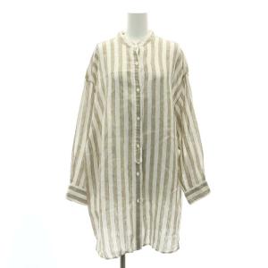 シャツ ブラウス チュニック 長袖 前開き ストライプ リネン F 白 ライトブラウン ホワイト /NR