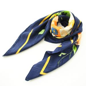 ストール スカーフ シルク ロゴ 花柄 紺 ネイビー
