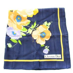 Christian Dior ストール スカーフ シルク ロゴ 花柄 紺 ネイビー