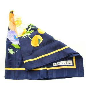 Christian Dior ストール スカーフ シルク ロゴ 花柄 紺 ネイビー