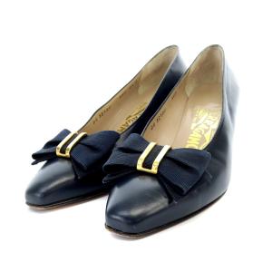 パンプス リボン レザー 6.5 23.5cm 紺 ネイビー