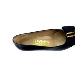 Salvatore Ferragamo パンプス リボン レザー 6.5 23.5cm 紺 ネイビー
