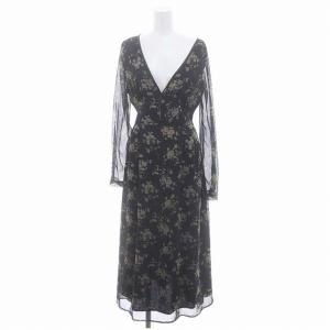 Vネック袖シアーワンピース ロング 長袖 花柄 S 濃紺 オフホワイト オレンジブラウン