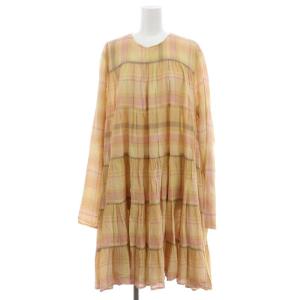 チェック ティアード ミニワンピース 長袖 S ベージュマルチカラー