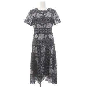 ライン刺繍ワンピース ミモレ ロング 半袖 レース シアー シースルー 36 S 紺 ネイビー 0320235049