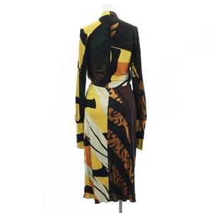 ISSA LONDON 総柄ウエストリボンワンピース ミモレ ロング 長袖 タック シルク US6 M 黒 ブラック 黄 イエロー