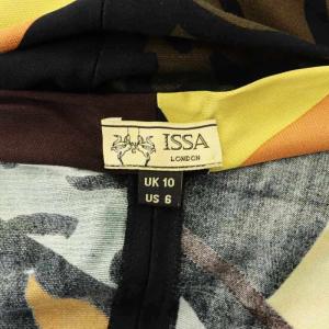 ISSA LONDON 総柄ウエストリボンワンピース ミモレ ロング 長袖 タック シルク US6 M 黒 ブラック 黄 イエロー