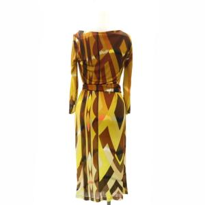 Emilio Pucci 総柄 ワンピース ロング ミモレ丈 八分袖 ベルト付き I38 黄色 茶 マスタード