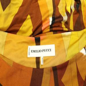 Emilio Pucci 総柄 ワンピース ロング ミモレ丈 八分袖 ベルト付き I38 黄色 茶 マスタード