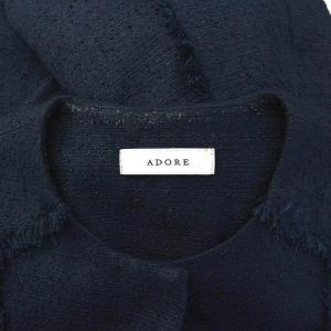 ADORE 23SS サマーツィードワンピース ロング ノースリーブ 前開き フリンジ ベルト付き 38 紺 ネイビー