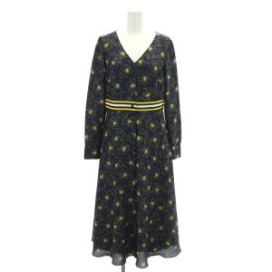 テレフォンプリントワンピース ミモレ ロング 長袖 Vネック 36 S 紺 ネイビー 38431240