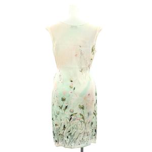 agnes b. シルクフラワープリントワンピース 膝丈 ノースリーブ 38 アイボリー ライトグリーン ライトピンク