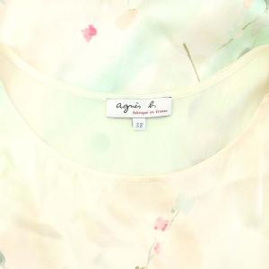 agnes b. シルクフラワープリントワンピース 膝丈 ノースリーブ 38 アイボリー ライトグリーン ライトピンク