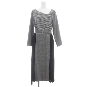 プリーツ切替チェックワンピース 切替 サテン ウール ロング アシンメトリー 長袖 36 黒 白 ブラック ホワイト