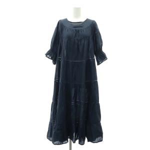 ギャザーワンピース ロング 五分袖 キャンディースリーブ ティアード 紺 ネイビー