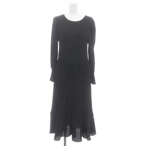 24SS レーヨンナイロンコンビ ニットワンピース 切替 プリーツ ロング 長袖 38 黒 ブラック /HS