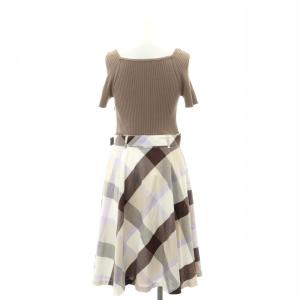 BLUE LABEL CRESTBRIDGE リブニット チェック 切替 ワンピース ミモレ ロング 半袖 スクエアネック 38 M 茶 ブラウン 白 ホワイト