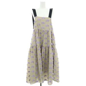 22SS カットジャガードノースリーブワンピース ロング ミモレ丈 36 ベージュ 紫 パープル