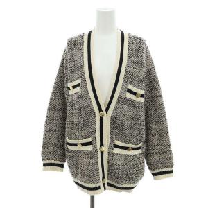 ツイードニットカーディガン 長袖 Vネック 36 黒 オフホワイト ピンクゴールド色