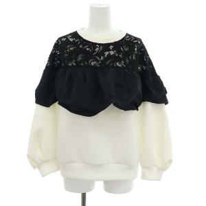 レース切替トップ トップス カットソー 長袖 36 白 黒 ホワイト ブラック