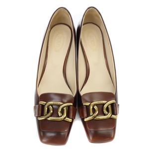 TOD'S パンプス レザー スクエアトゥ チャンキーヒール 37 ブラウン