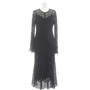 24SS コンビネーションレースフレアドレス ロング丈 ミモレ丈 長袖 インナー付き 0 S 黒 ブラック