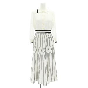 レース切替ニットワンピース ロング丈 マキシ丈 七分袖 36 S 黒 ブラック 白 ホワイト