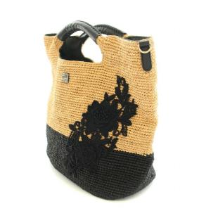 Athena New York raffia かごバッグ ハンドバッグ バイカラー 花柄 刺繍 ベージュ 黒 ブラック