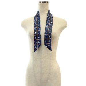 HERMES ツイリースカーフ Couvertures et Tenues de Jour Twilly 馬具 シルク 紺 ネイビー