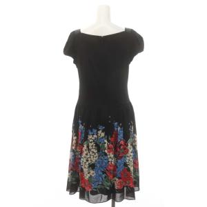 M'S GRACY パフスリーブフラワーワンピース ミモレ ロング 半袖 スクエアネック 切替 40 L 黒 ブラック