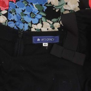 M'S GRACY パフスリーブフラワーワンピース ミモレ ロング 半袖 スクエアネック 切替 40 L 黒 ブラック