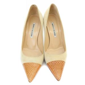MANOLO BLAHNIK 型押し スエード パンプス ピンヒール 38.5 25.5cm アイボリー 茶色 ブラウン