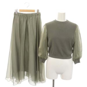 シアーコンビニット カットソー 七分袖 フレアスカート ロング 36 カーキ