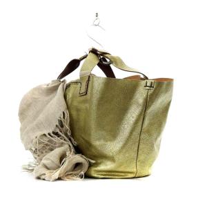 ebagos FROM THE WINDOW レザー紅籐ポケット付きトートバッグ ハンドバッグ ゴールド色