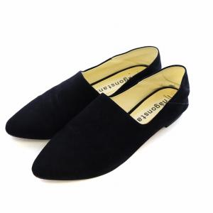 フラットシューズ モックシューズ スリッポンパンプス ラウンドトゥ スエード 羊革 37 24.0cm 黒 ブラック