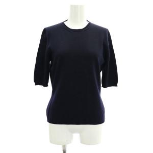 5分袖ニット カットソー クルーネック ウール S 紺 ネイビー