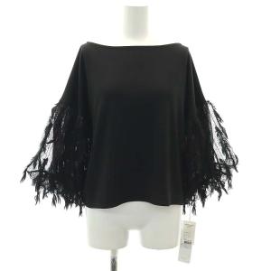 フリンジチュールトップ カットソー Tシャツ 七分袖 36 黒 ブラック