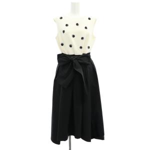 ビジュードット装飾切替ワンピース ロング ノースリーブ ベルト付き 38 黒 オフホワイト ブラック