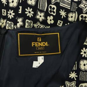FENDI 総柄 半袖 ワンピース 膝丈 シルク ラウンドネック タイト I40 紺 ネイビー アイボリー