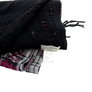 Yohji Yamamoto POUR HOMME ストール チェック フリンジ ブラック グレー パープル